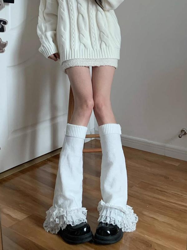 Women's Solid Contrast Lace Ruffle Trim Flare Leg Warmer, Casual Soft Comfy Warm Socks for Fall & Winter, Women's Socks for Daily Wear