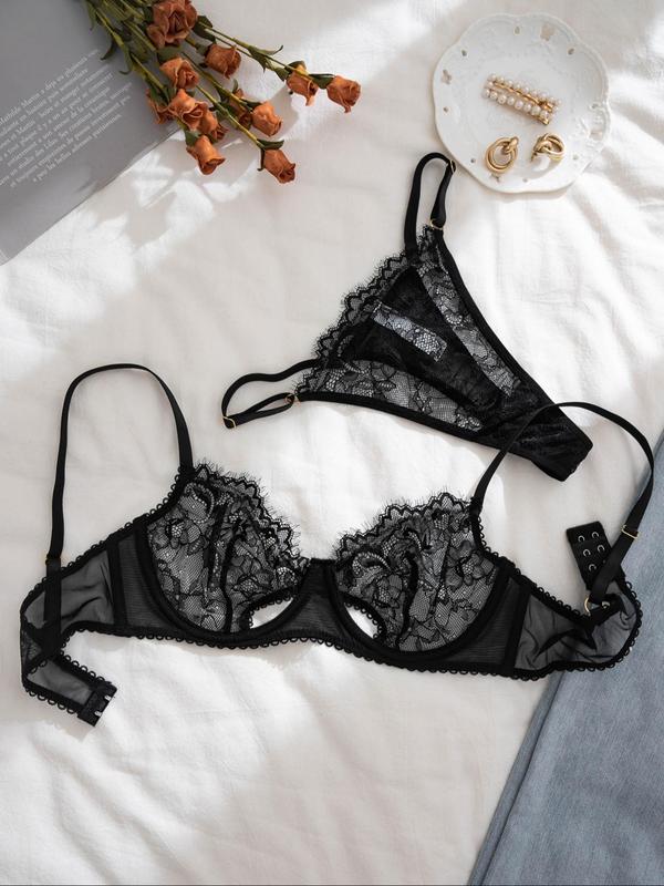 Women's Contrast Lace Sheer Underwire Bra & Contrast Mesh High Cut Thong Sexy Lingerie Set, Adjustable Spaghetti Strap Cut Out Lingerie Set, Soft Comfy Breathable Lingerie Set for Women