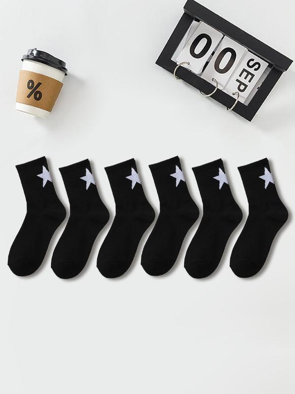 Women's 6 Pairs Star Print Crew Socks, Mid-calf Socks, Ribbed Knit Mid Tube Socks, Multi-pack Mid Tube Socks for Women, Women's Socks & Hosiery
