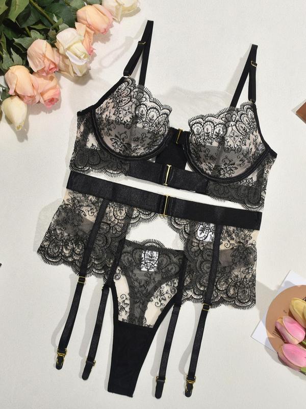 Women's Floral Embroidery Sheer Sexy Lingerie Three-piece Set, Adjustable Strap Bra & Thong & Garter Belt Set, Lingerie Set for Women