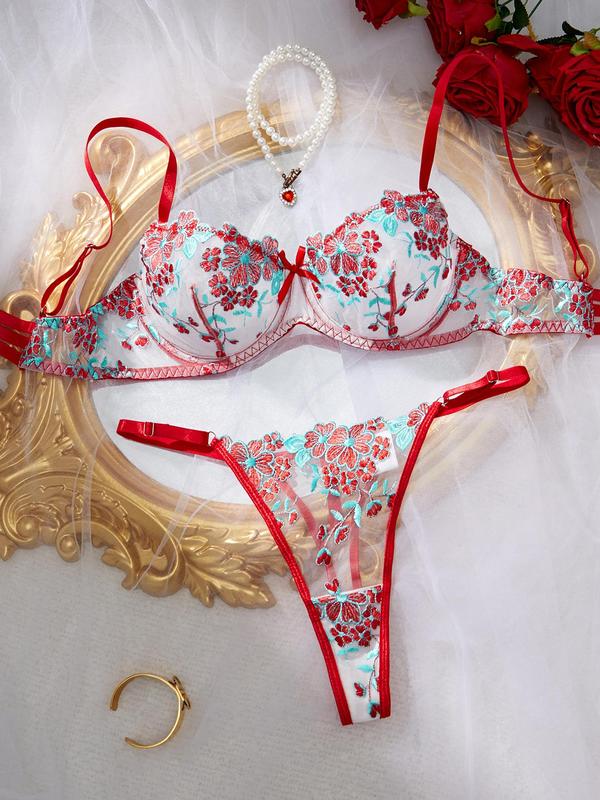 Women's Floral Embroidery Contrast Mesh Sheer Sexy Lingerie Set, Sexy Elegant Cut Out Adjustable Strap Bow Decor Bra & Thong,  Underwear for Women, Women's Sexy Underwear Set for All Seasons