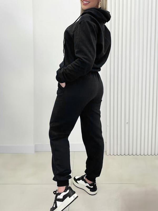 Women's Solid Drop Shoulder Pocket Hoodie & Elastic Waist Pants Two-Piece Set, Casual Fashion Cozy Breathable Two Piece Outfits for Daily Outdoor Wear, Women Clothes for Fall & Winter