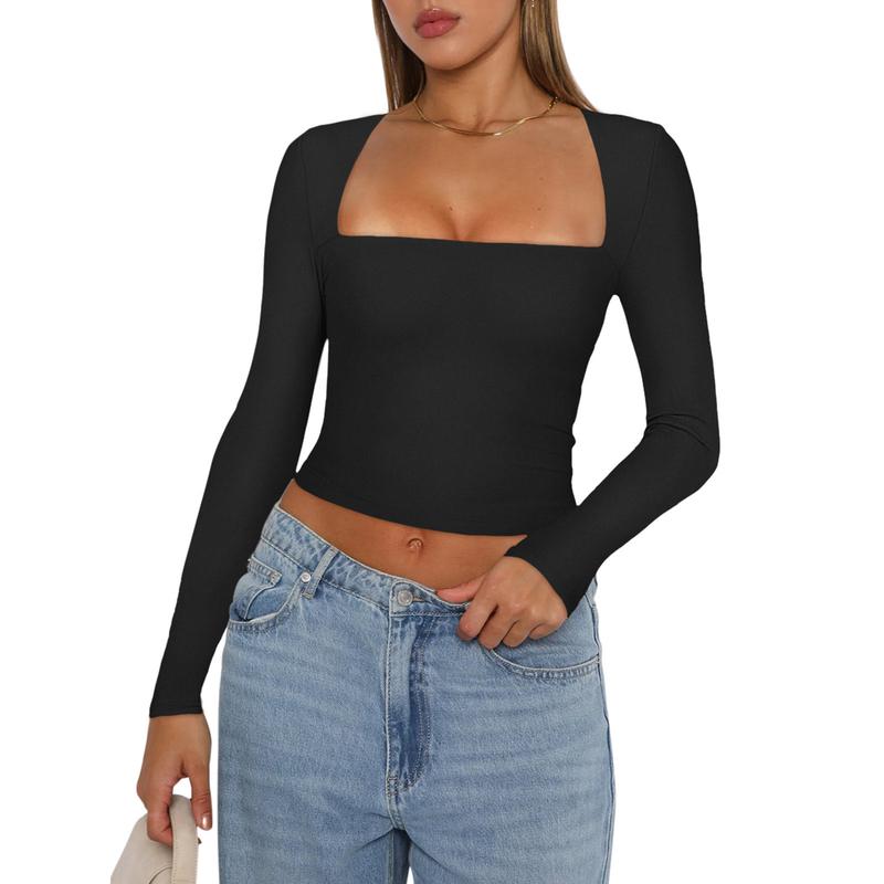 REORIA Women's Sexy Square Neck Long Sleeve Y2K Going Out T Shirt Crop Top Womenswear Blouse