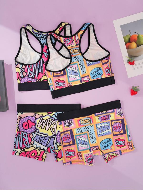 Women's Pop Art Print Contrast Binding Bra & Panty Two-Piece Underwear Set, Casual Comfy Breathable Wireless Bra & Panty Set for Daily Wear, Lingerie Set for All Seasons