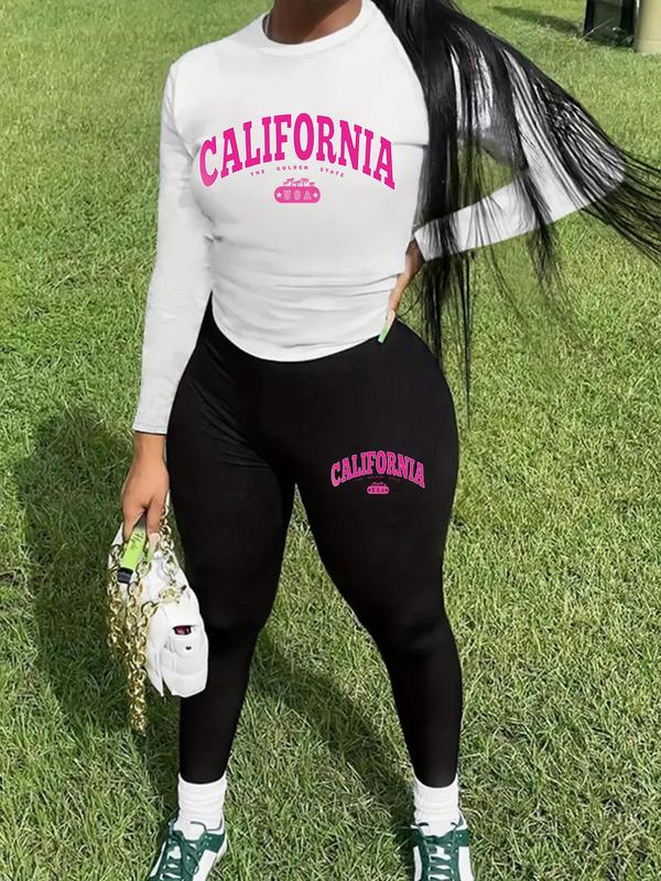  Two-Piece Set Letter Print Tee & Skinny Pants, Casual Round Neck Long Sleeve T-shirt & Trousers for Daily Wear, Women's Two-piece Outfits for Spring & Fall
