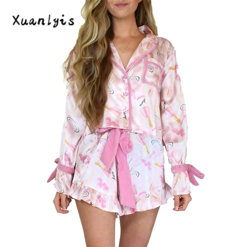 Women Christmas Pajamas Set 2 Pieces Loungewear Suits Bow Cartoon Plaid Print Long Sleeve Shirts Tops Shorts Sleepwear Outfits Womenswear Check