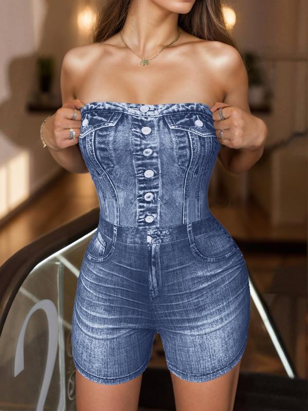 Women's Denim-effect Print Tube Romper, Casual Strapless Skinny Romper for Daily Outdoor Wear, Ladies Back To School Clothes for Summer