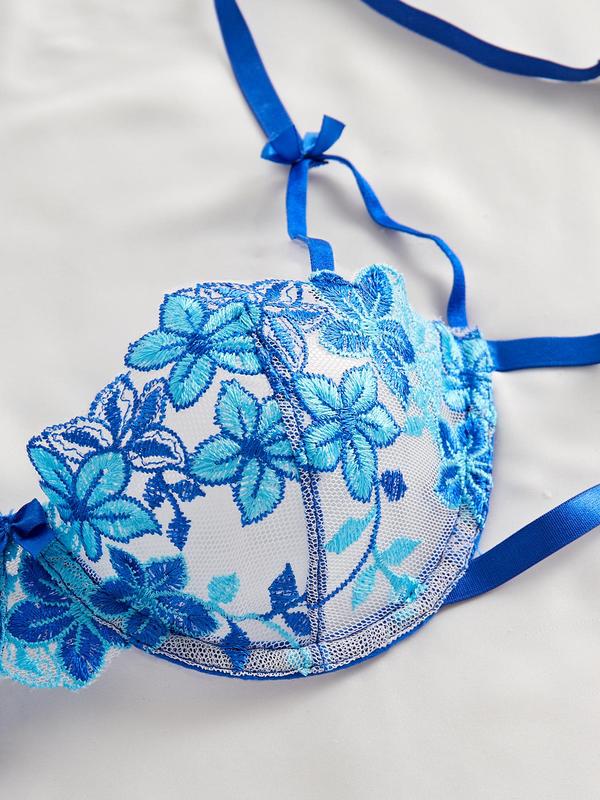 Women's Floral Embroidery Sheer Bra & Tie Side Thong Tulle Sexy Lingerie Set, Romantic Adjustable Strap Push Up Bra & Thong, Lingerie Set for Women