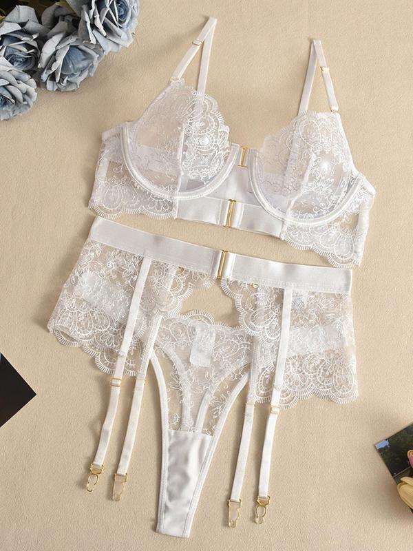 Women's Floral Embroidery Sheer Sexy Lingerie Three-piece Set, Adjustable Strap Bra & Thong & Garter Belt Set, Lingerie Set for Women