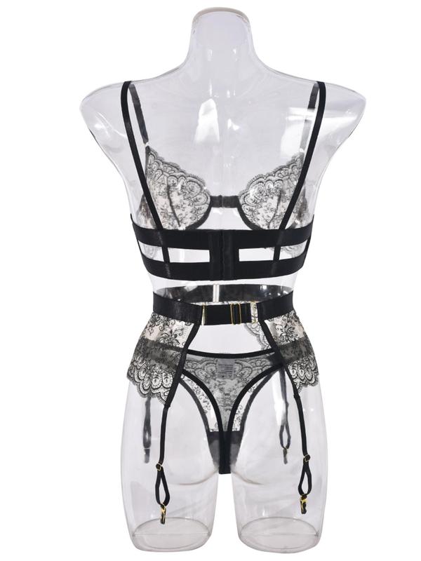 Women's Floral Embroidery Sheer Sexy Lingerie Three-piece Set, Adjustable Strap Bra & Thong & Garter Belt Set, Lingerie Set for Women