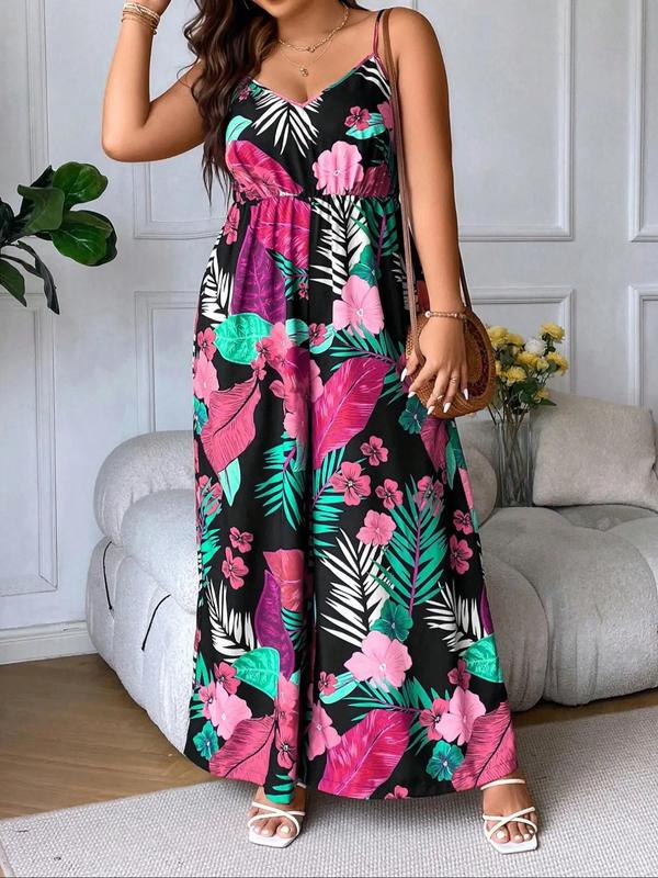  Tropical Print V Neck Cami Jumpsuit, Boho Backless Wide Leg Jumpsuit for Beach Holiday Vacation, Women's Plus Clothing for Summer