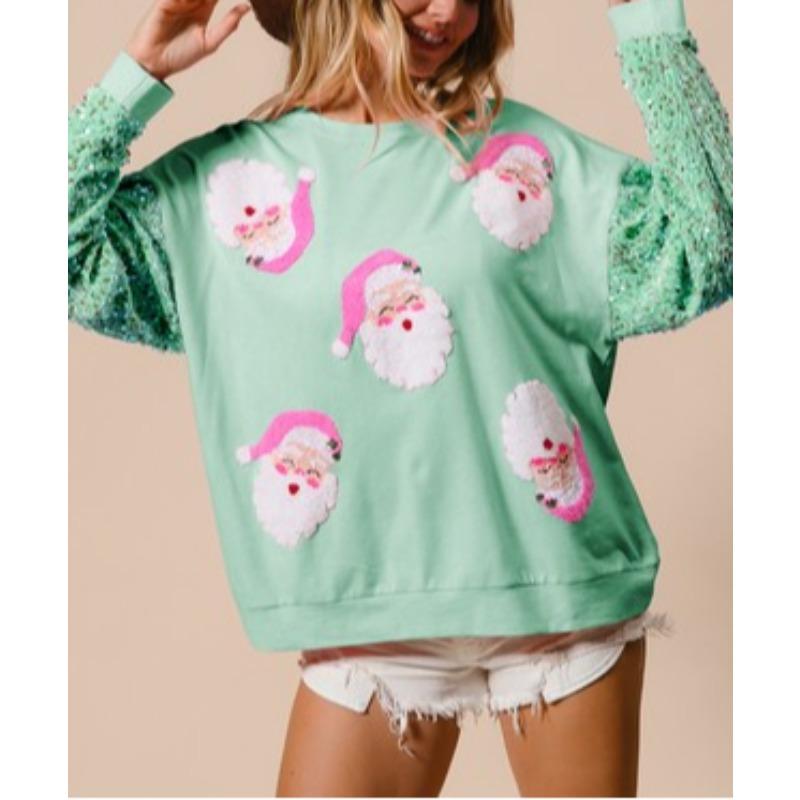 Women's Cute Santa Claus Christmas Sweatshirt Fun Pattern Lightweight Sequins Long Sleeve Pullover Hoodie