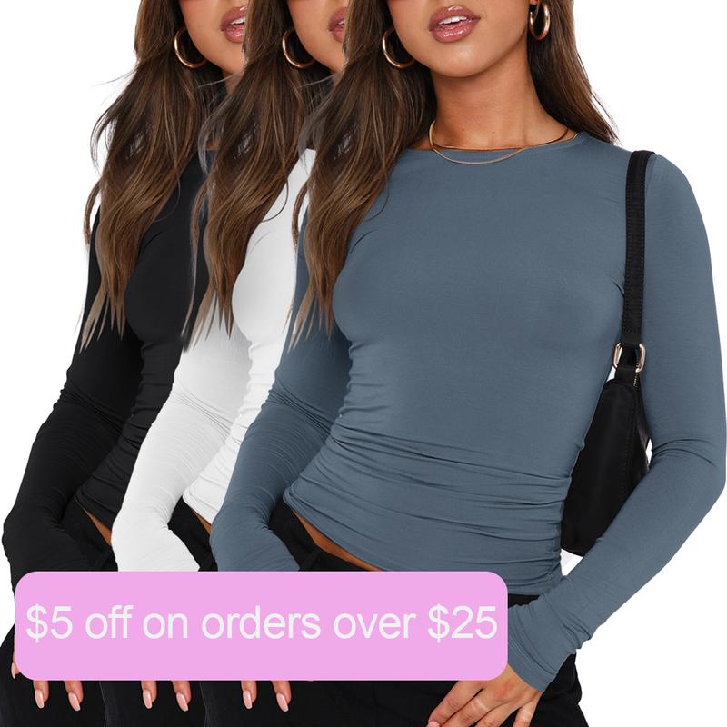 AVOOGUE Womens 3 Piece Long Sleeve Shirts Basic Crop Tops Going Out Fall Fashion Underscrubs Layer Slim Fit Y2K Tops Casual Fabric Womenswear Blouses