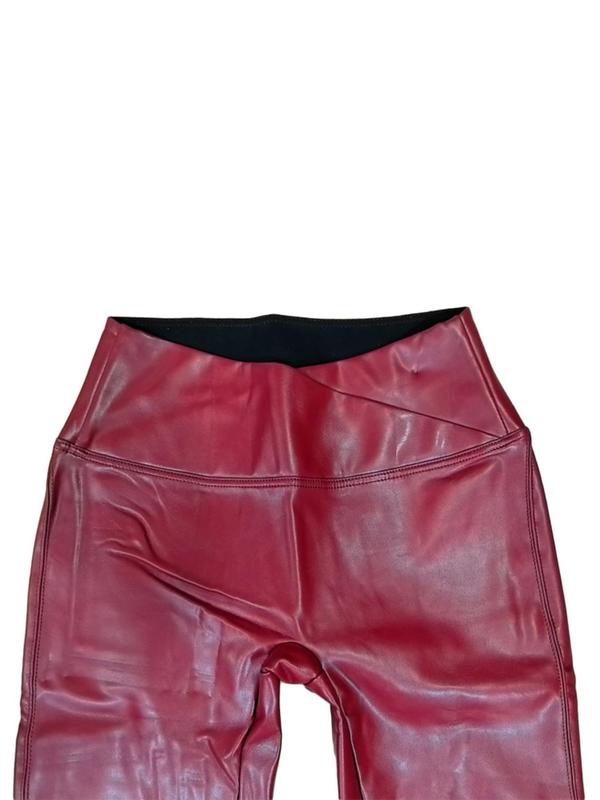 Women's Solid High Waist Leather Leggings, Fashion Casual Comfy V Shape Waist Skinny Pants for Daily Outdoor Wear, Women Bottoms for Fall & Winter