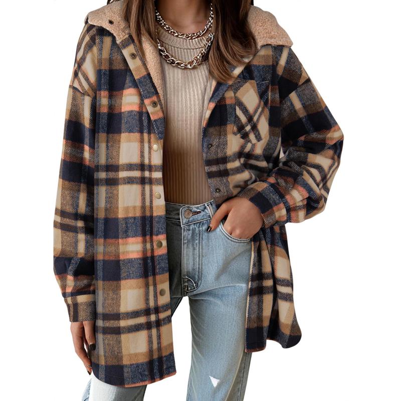 Dokotoo Women's Flannel Plaid Shacket Long Sleeve 2024 Fall Button down Color Block Hooded Coat Tops