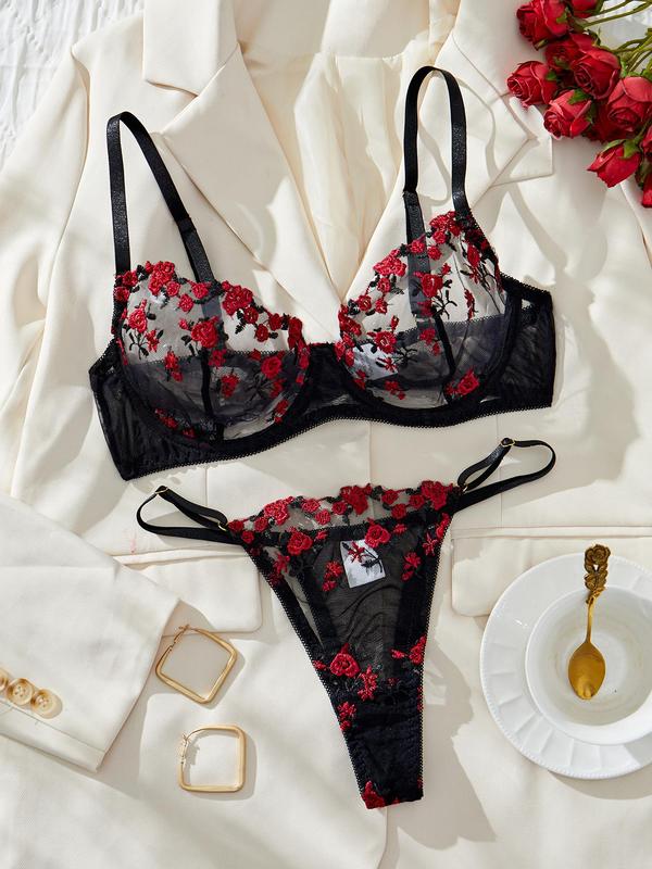 Women's Floral Embroidery Bra & Thong Sexy Lingerie Set, Sexy Comfy Breathable Underwear Set for Daily Wear, Women's Lingerie & Underwear for All Seasons