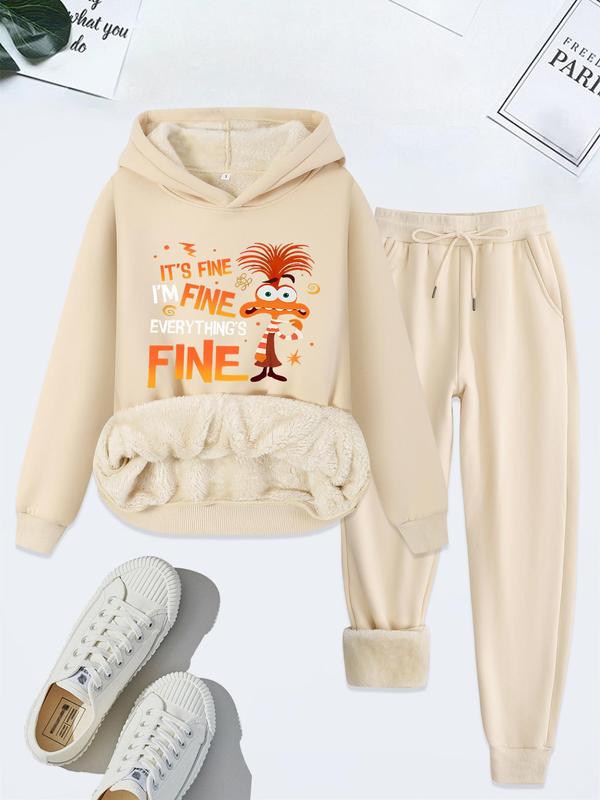 Two-piece Set Women's Letter Print Thermal Lined Sweatshirt & Drawstring Waist Sweatpants Set, Casual Long Sleeve Hooded Sweatshirt  & Pocket Jogger Pants, Women's Fall & Winter Clothes