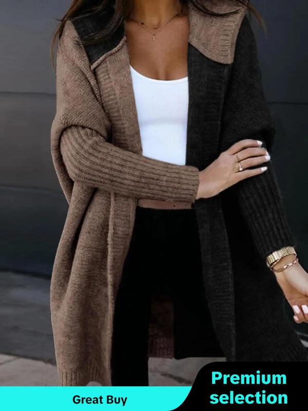 Women's Colorblock Batwing Sleeve Hooded Cardigan, Casual Long Sleeve Open Front Knitwear for Fall & Winter, Cardigan for Women, Fashion Ladies' Knit Clothing for Daily Wear