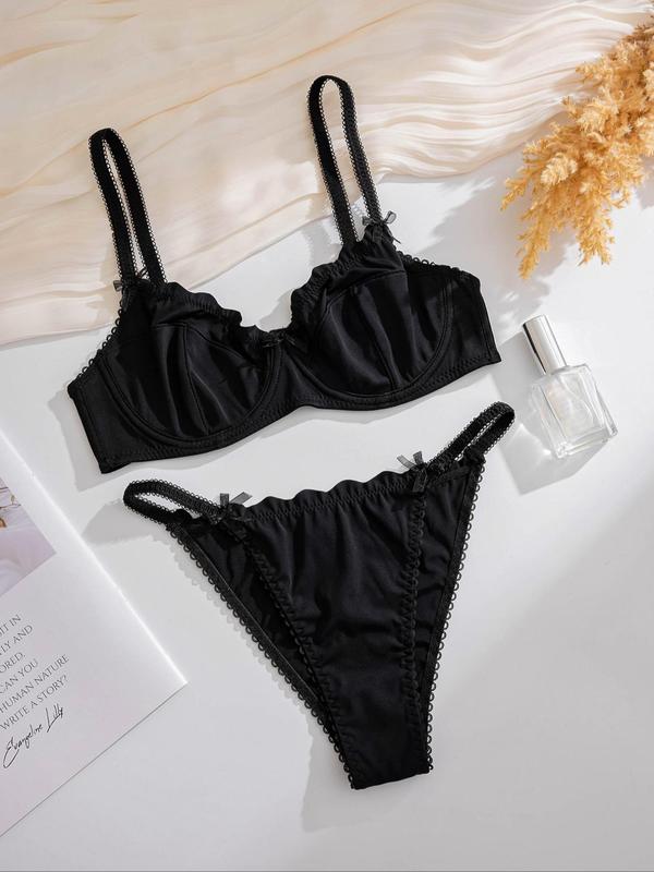 Two-Piece Set Women's Plain Scallop Trim Bow Decor Bra & Thong Underwear Set, Comfort Breathable Solid Color Push Up Lingerie Top & Panty Set, Lingerie Set for Women