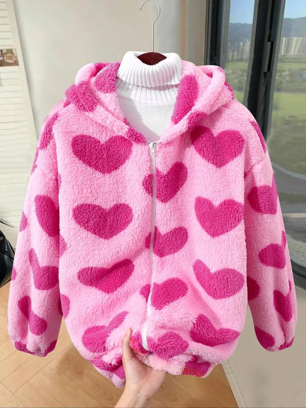 Women's Heart Print Zip Up Fuzzy Hooded Jacket, Casual Long Sleeve Drop Shoulder Outerwear for Winter, Ladies Clothes for Daily Wear