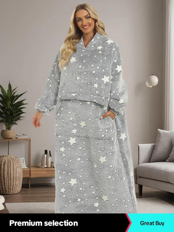 Womenswear Glow in The Dark Star Print Pocket Hooded Blanket, Casual Long Sleeve Drop Shoulder Blanket Hoodie, Women's Sleepwear for Winter, Fall Wear, Fallfreshness