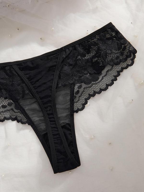 Two-Piece Set Women's Floral Lace Underwire Bra & Sheer Scallop Trim Thong, Romantic Push Up Bra & Panty Underwear Set, Lingerie Set for Women