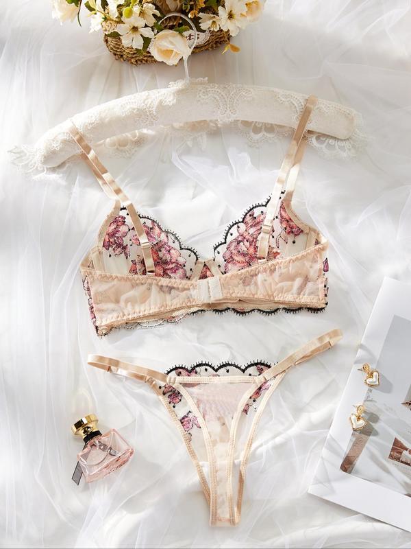 Women's Floral Embroidery Tulle Sexy Lingerie Set, Fashion Push Up Bra & Thong, Lingerie Set for All Seasons, Soft Breathable Underwear Set for Women