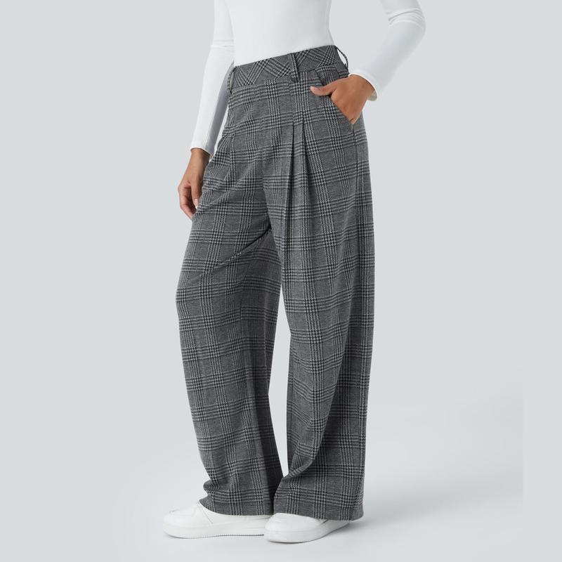 Halara High Waisted Plicated Side Pocket Wide Leg Houndstooth Plaid Casual Pants