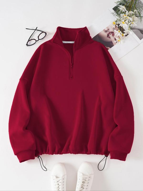 Plus Size Plain Half Placket Zip Front Drop Shoulder Sweatshirt, Plus Casual Long Sleeve Drawstring Collared Pullover for Spring & Fall, Women's Plus Clothing for Daily Wear