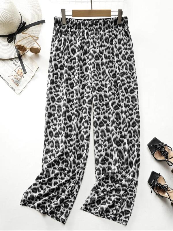 Women's Plus Size Leopard Print Elastic Waist Wide Leg Pants, Casual Fashion Trousers for Daily Wear,  Pants for Women, Ladies Bottoms for Spring & Fall