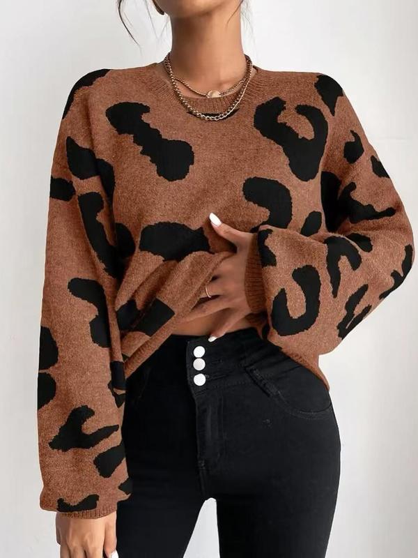 Women's Leopard Print Drop Shoulder Sweater, Casual Long Sleeve Round Neck Jumper for Fall & Winter, Sweaters for Women, Women's Knitwear for Daily Wear