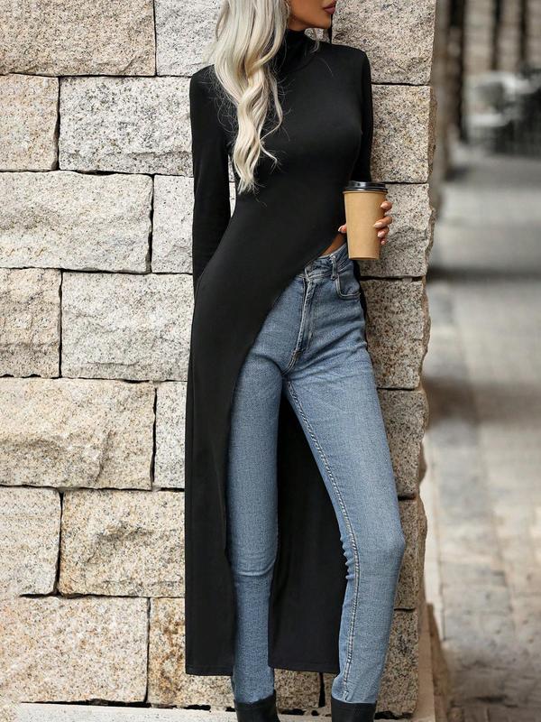 Women's Plain Asymmetrical Hem High Low Hem Tee, Casual Long Sleeve High Neck Long T-shirt for Spring & Fall, T Shirts for Women, Women's Top for Daily Wear