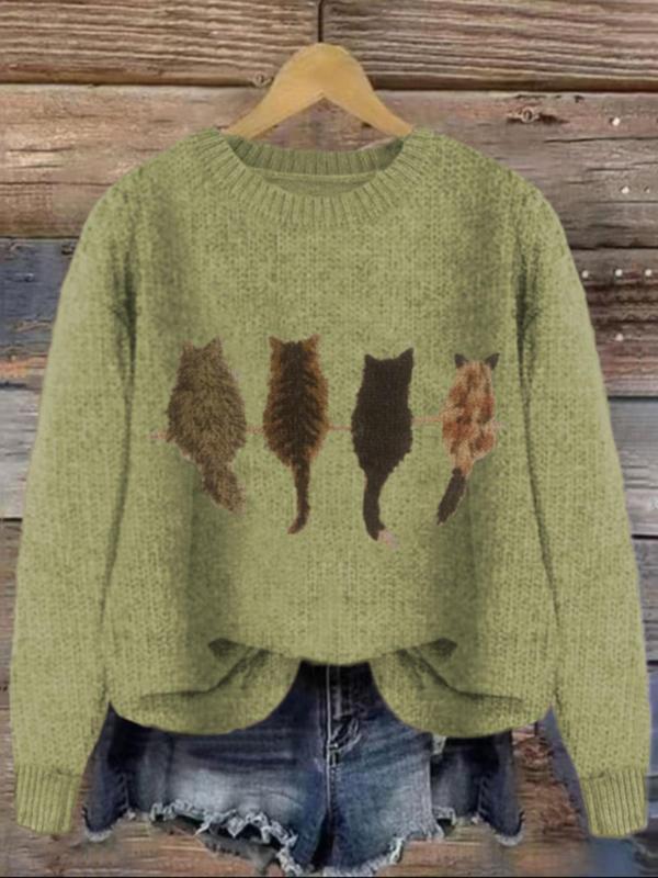 Women's Cat Print Drop Shoulder Sweater, Casual Long Sleeve Round Neck Jumper for Fall & Winter, Fashion Ladies' Knitwear for Daily Wear, Experimental Outfits
