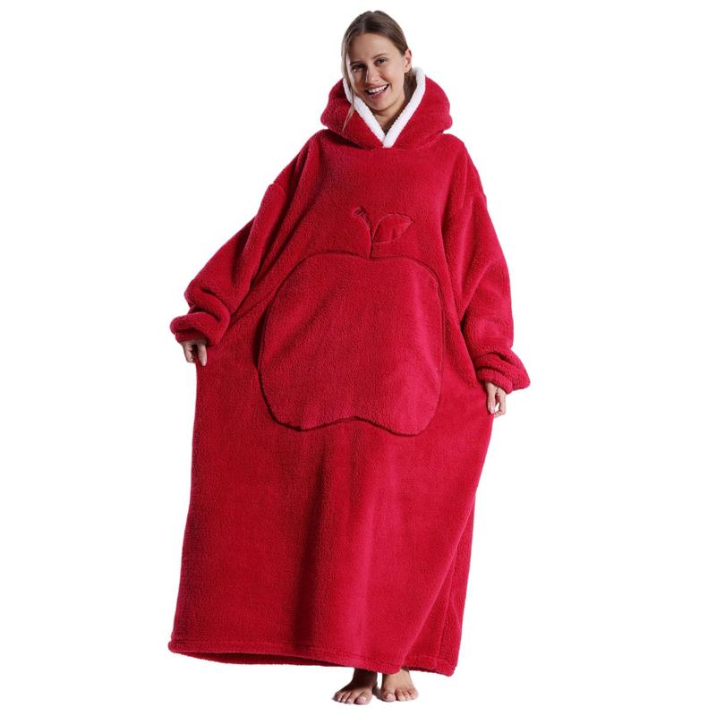 Solid Color Hooded Blanket, 1 Count Apple Pattern Oversized Blanket Hoodie, Ultra Soft Warm Wearable Blanket Sweatshirt for Women & Men, Gift for Ladies, Comfy Blanket