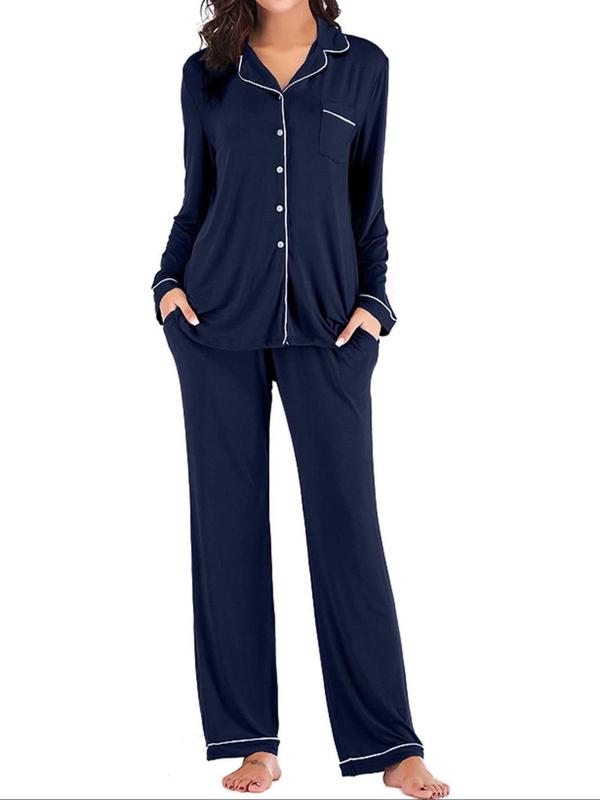 Women's Plain Contrast Binding Pajama Two-piece Set, Lapel Long Sleeve Button Front Shirt & Pants Pj Set, Casual Comfy Loungewear Set for Women