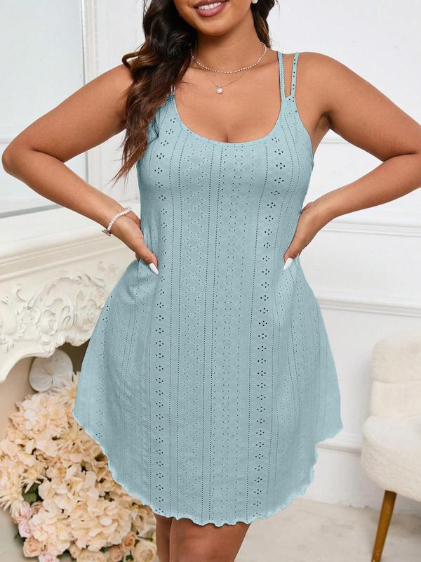  Solid Eyelet Embroidery Cami Nightdress, Casual Soft Comfortable Spaghetti Strap Nightgown for Women, Women's Sleepwear for All Seasons