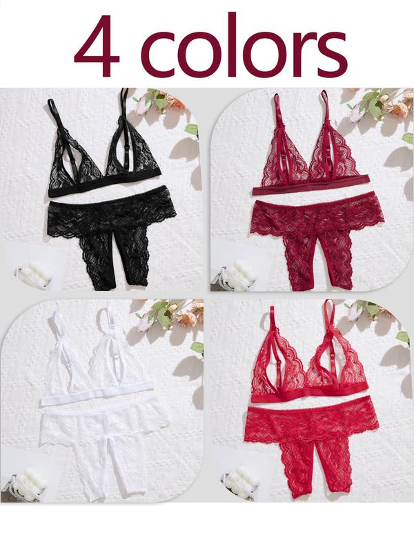 Women's Contrast Lace Scallop Trim Sheer Sexy Lingerie Set, Adjustable Strap Cut Out Bra & Open Crotch Design Thong Set, Soft Comfy Breathable Lingerie Set for Women