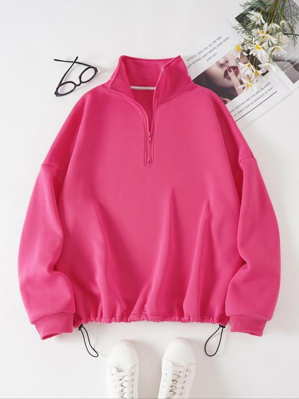 Plus Size Plain Half Placket Zip Front Drop Shoulder Sweatshirt, Plus Casual Long Sleeve Drawstring Collared Pullover for Spring & Fall, Women's Plus Clothing for Daily Wear