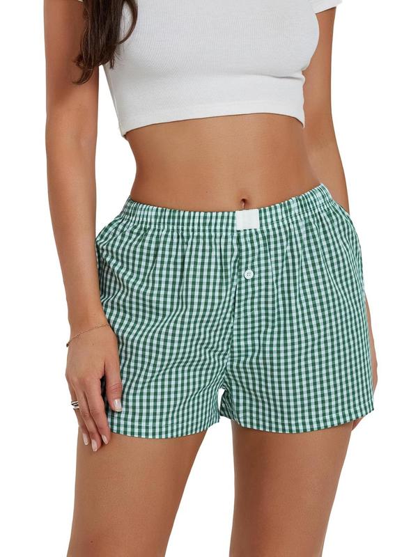 Women's Plaid Print Patched Button Shorts, Casual Comfy Elastic Waist Shorts for Daily Wear, Ladies Bottoms for All Seasons