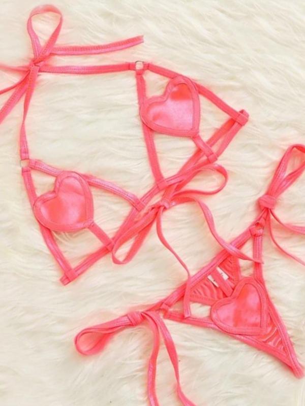 Women's Heart Design Cut Out Ring Linked Sexy Lingerie Set, Chic Sexy Halter Neck Tie Back Bra & Tie Side Thong Set, Ladies Underwear Set for Indoor Wear