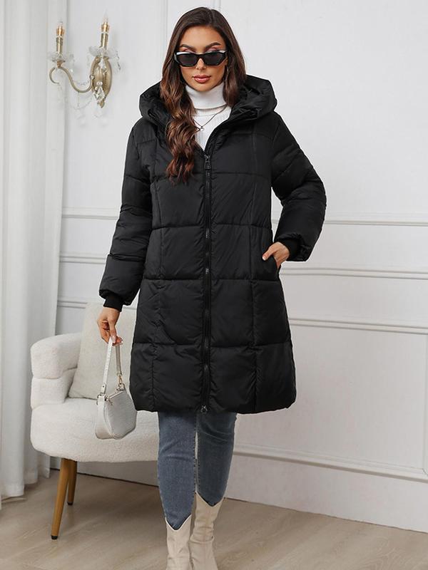 Women's Solid Zip Up Pocket Design Winter Coat, Casual Long Sleeve Thermal Outerwear for Fall & Winter, Women's Clothing for Daily Wear
