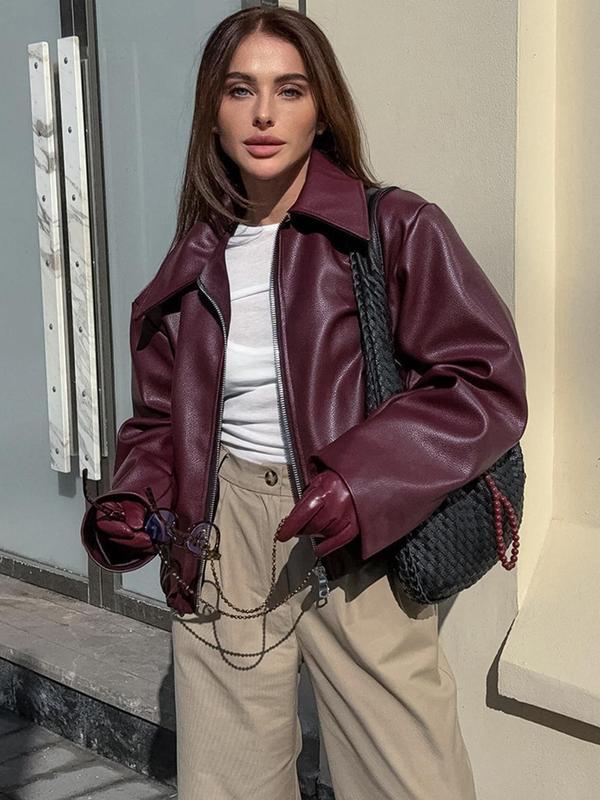 Women's Solid Zip Up Faux Leather Jacket, Casual Drop Shoulder Long Sleeve Collared Outerwear for Fall & Winter, Ladies Clothes for Daily Wear