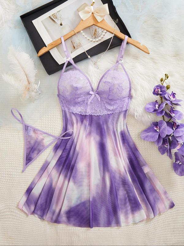 Women's Tie Dye Print Contrast Floral Lace Cami Nightdress & Thong Two-piece Set, Adjustable Spaghetti Strap Bow Decor Nightgown & Panty, Sleepwear Set for Women