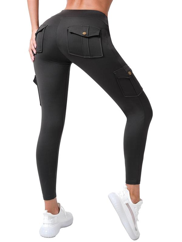 Women's Solid Flap Pocket High Waist Pants, Casual Comfy Button Design Leggings for Daily Wear, Ladies Bottoms for Fall & Winter