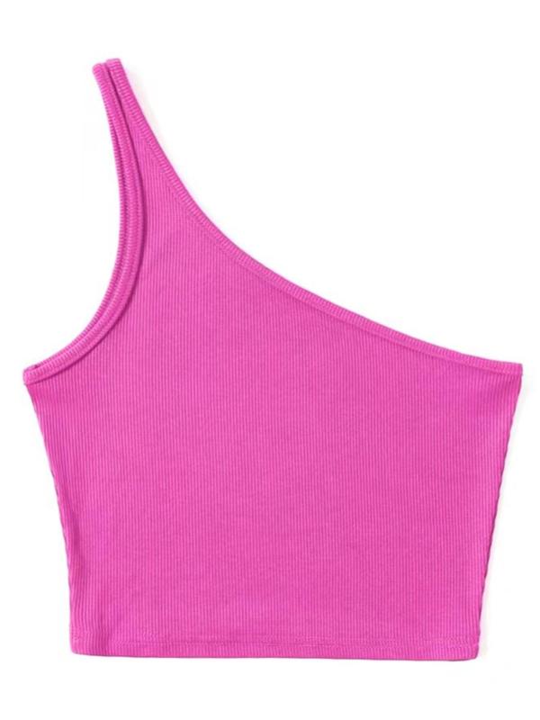 Women's Plain One Shoulder Crop Tank Top without Necklace, Summer Clothes Women, Casual Solid Color Sleeveless Ribbed Top for Summer, Women's Clothing for Daily Wear, Summer Outfits 2024