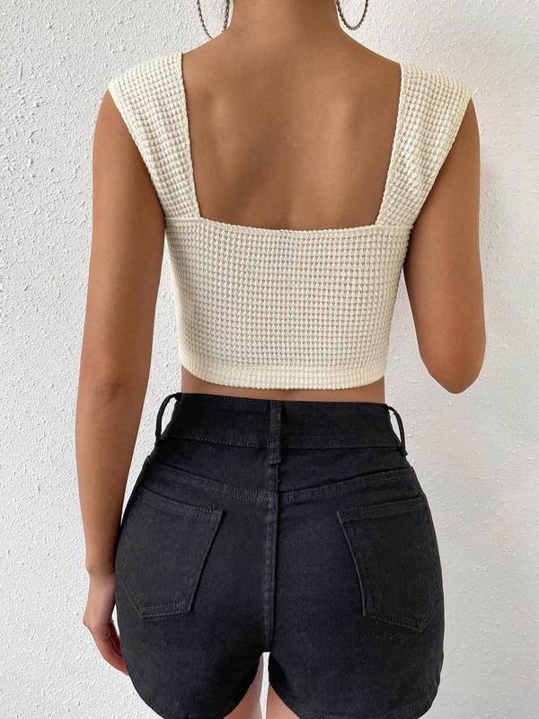 Women's Plain Waffle Knit Sweetheart Neck Crop Tank Top, Casual Drop Shoulder Sleeveless Cropped Top for Summer, Ladies Clothes for Daily Wear