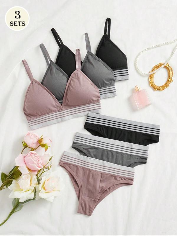 Women's Colorblock Striped Tape Bra & Panty Set, Adjustable Strap Wireless Bra & Panty Set, Soft Comfy Breathable Underwear Set for Women