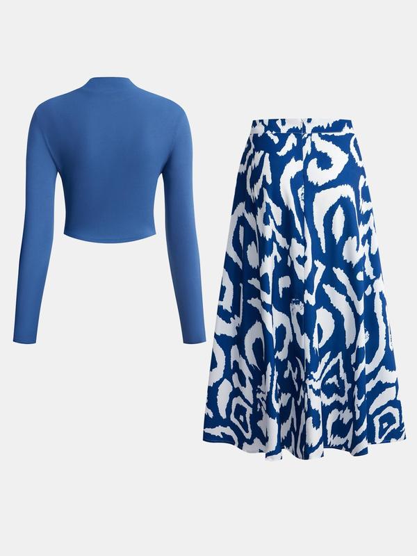 YOZY [2 colors] Mock Neck Top & All Over Print Split Hem Skirt Set, Elegant Fashion Casual Long Sleeve Top & High Waist Midi Skirt, 2024 Women's Spring & Fall Outfits for Daily Outdoor Wear