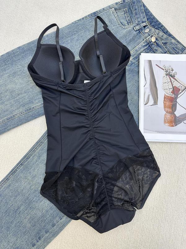 Women's Contrast Lace Ruched Sheer Shapewear Bodysuit, Adjustable Strap Tummy Control Shaper, Ladies Shapewear for All Seasons