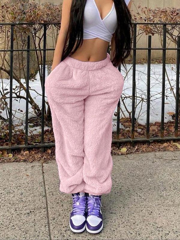 Women's Solid Color Pocket Elastic Waist Fuzzy Pants, Casual Comfy Warm Trousers for Fall & Winter, Women's Clothing for Daily Wear